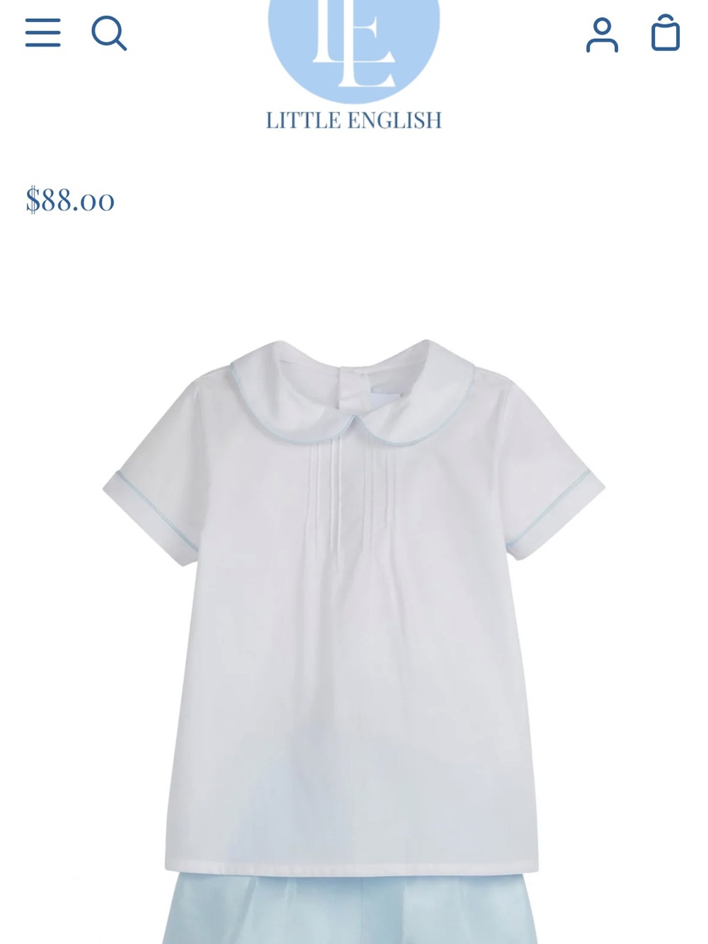 Little English White Peter Collar Blouse with Light Blue Trim